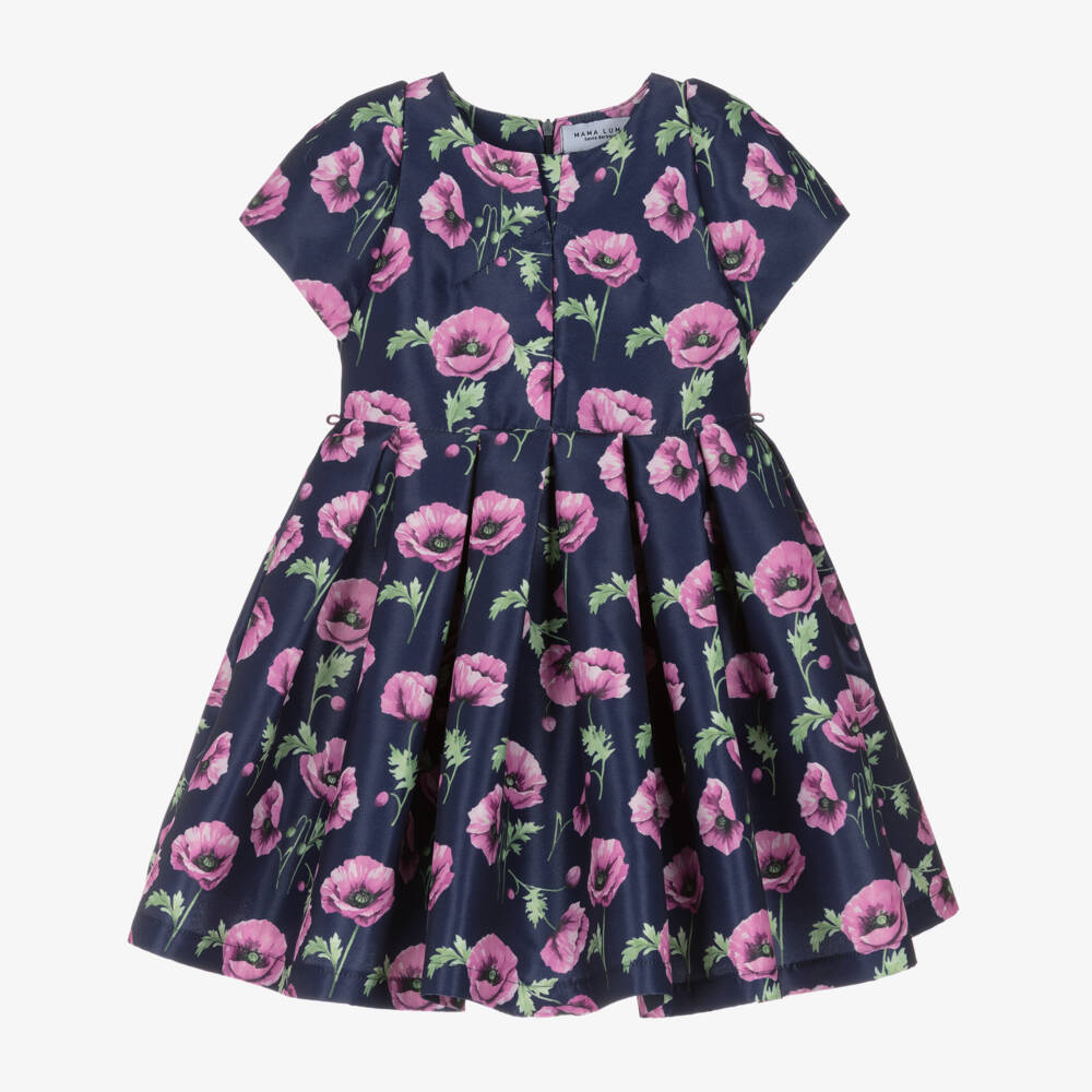 Mama Luma-Girls Navy Blue & Pink Floral Satin Dress | Childrensalon Outlet