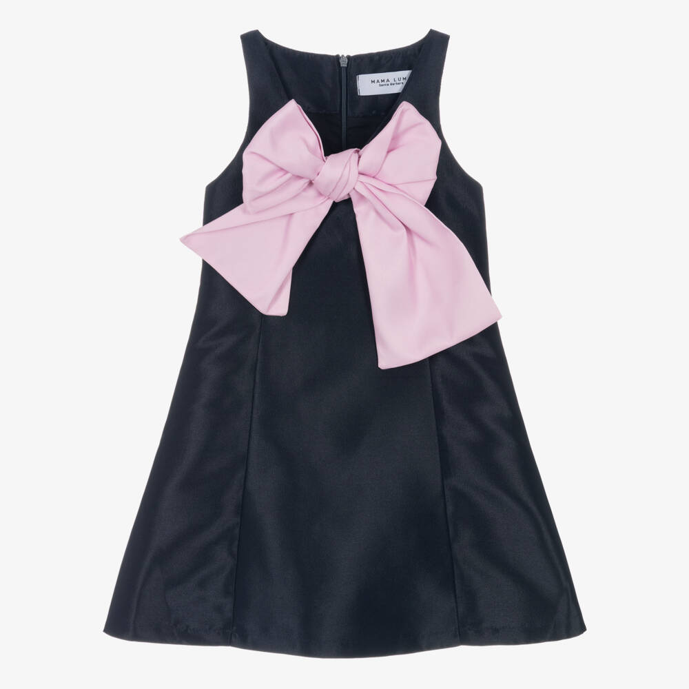 Mama Luma-Girls Navy Blue Sleeveless Satin Dress with Pink Bow | Childrensalon Outlet