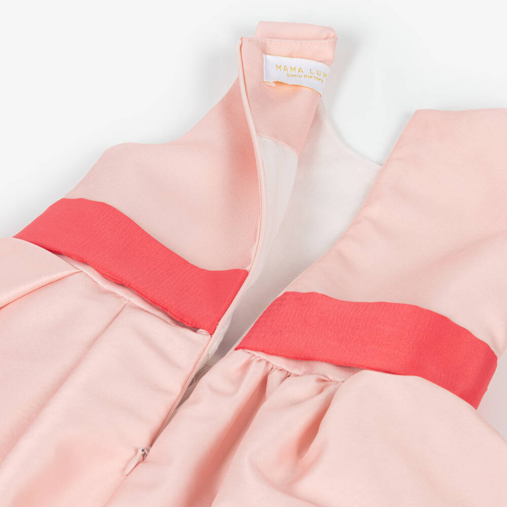 Mama Luma-Girls Pale Pink Satin Dress with Coral Red Bow | Childrensalon Outlet