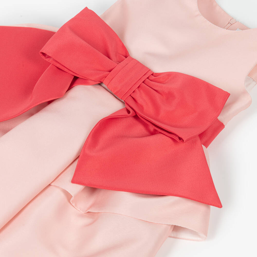 Mama Luma-Girls Pale Pink Satin Dress with Coral Red Bow | Childrensalon Outlet