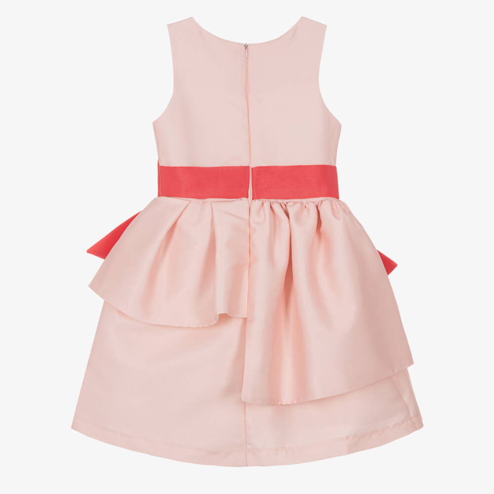 Mama Luma-Girls Pale Pink Satin Dress with Coral Red Bow | Childrensalon Outlet
