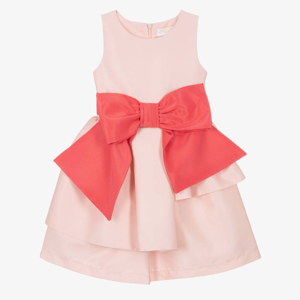 Mama Luma-Girls Pale Pink Satin Dress with Coral Red Bow | Childrensalon Outlet