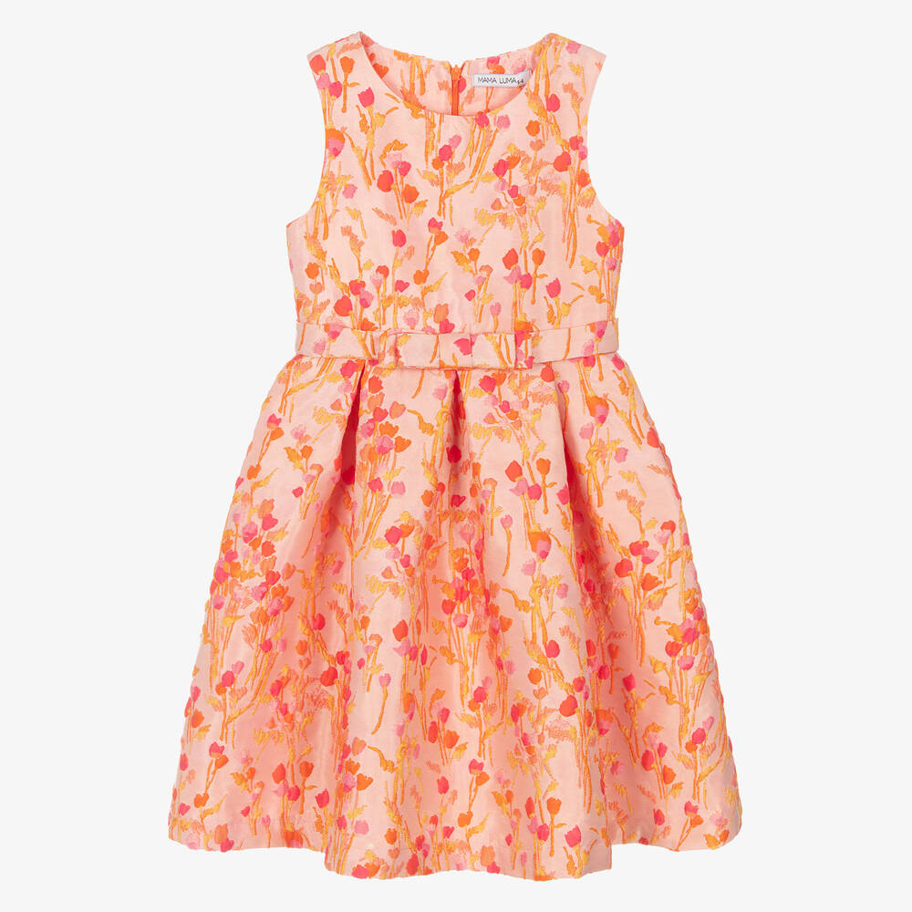 Mama Luma - Girls Pink Floral Jacquard Dress | Childrensalon