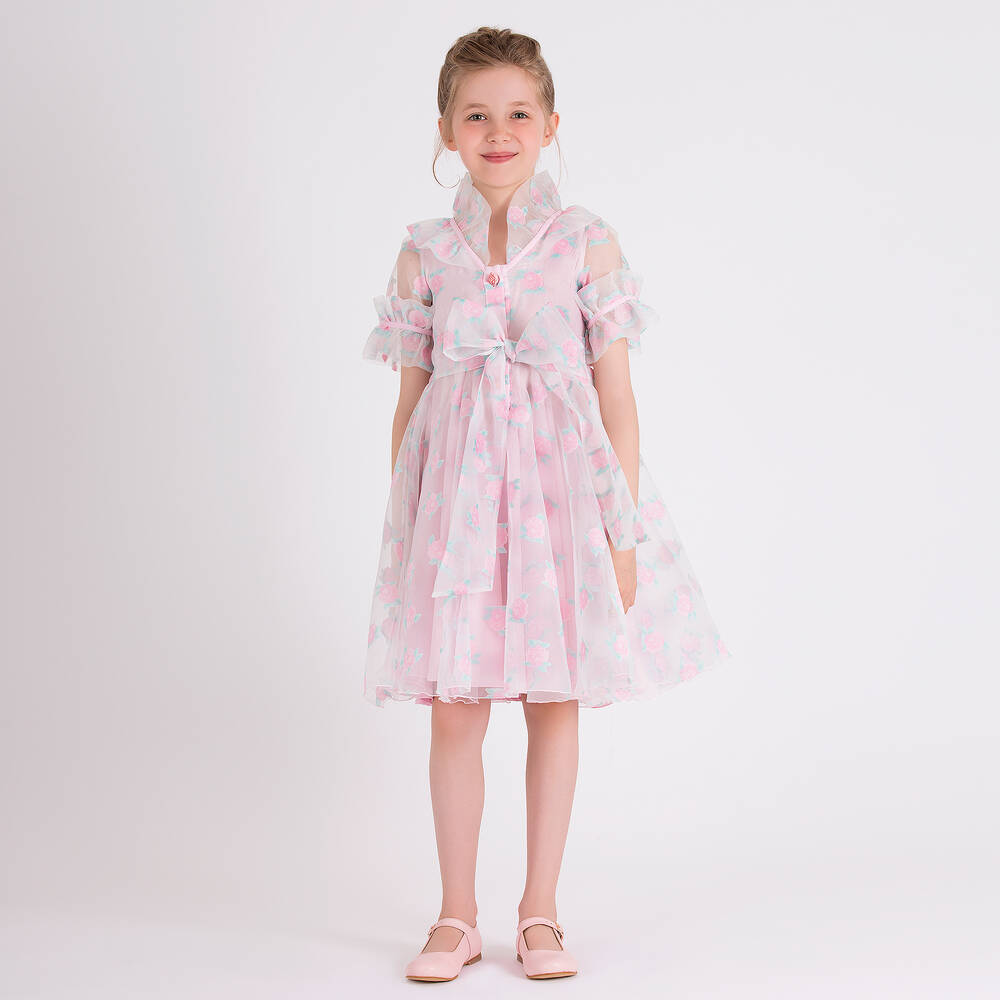 Mama Luma-فستان أورغانزا لون زهري بطبعة ورود | Childrensalon Outlet