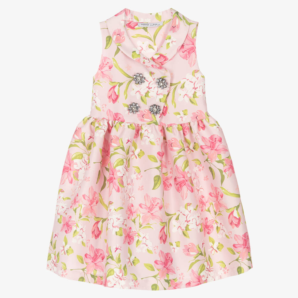 Mama Luma - Girls Pink Floral Satin Dress | Childrensalon