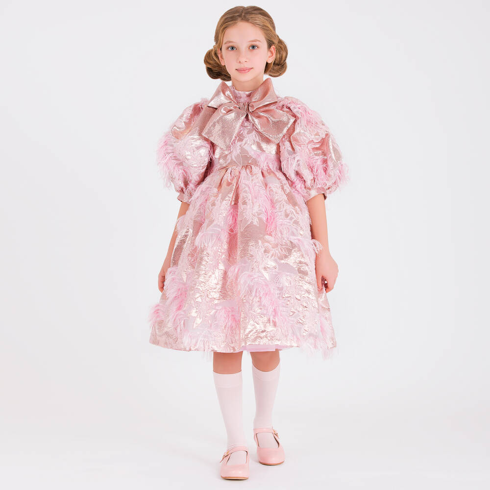 Mama Luma-Girls Pink Metallic Jacquard Dress | Childrensalon Outlet