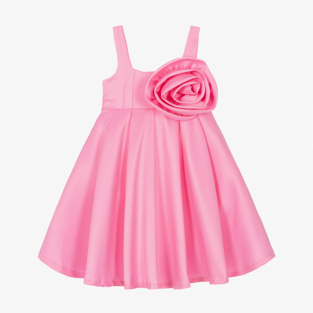 Mama Luma-Girls Pink Satin Dress with Oversized Floral Appliqué | Childrensalon Outlet