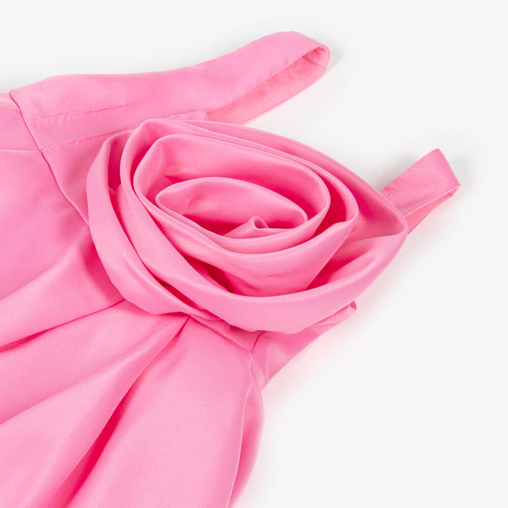 Mama Luma-Girls Pink Satin Dress with Oversized Floral Appliqué | Childrensalon Outlet