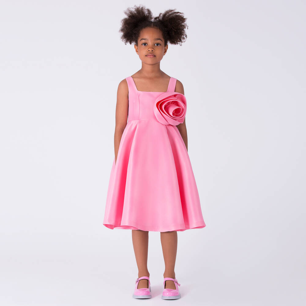 Mama Luma-Girls Pink Satin Dress with Oversized Floral Appliqué | Childrensalon Outlet