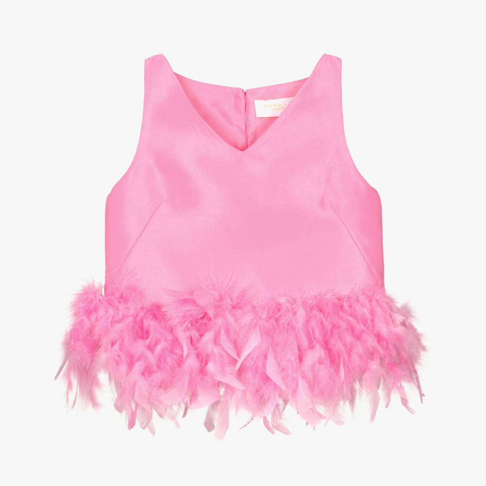 Mama Luma-Girls Pink Satin Twill Blouse with Feather Trim | Childrensalon Outlet