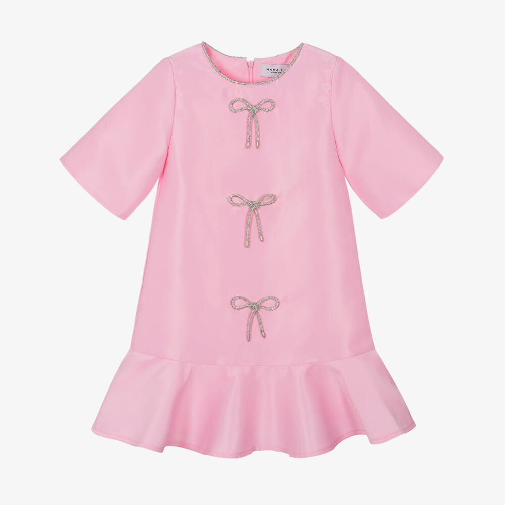 Mama Luma-Girls Pink Satin Twill Dress with Diamanté Bows | Childrensalon Outlet