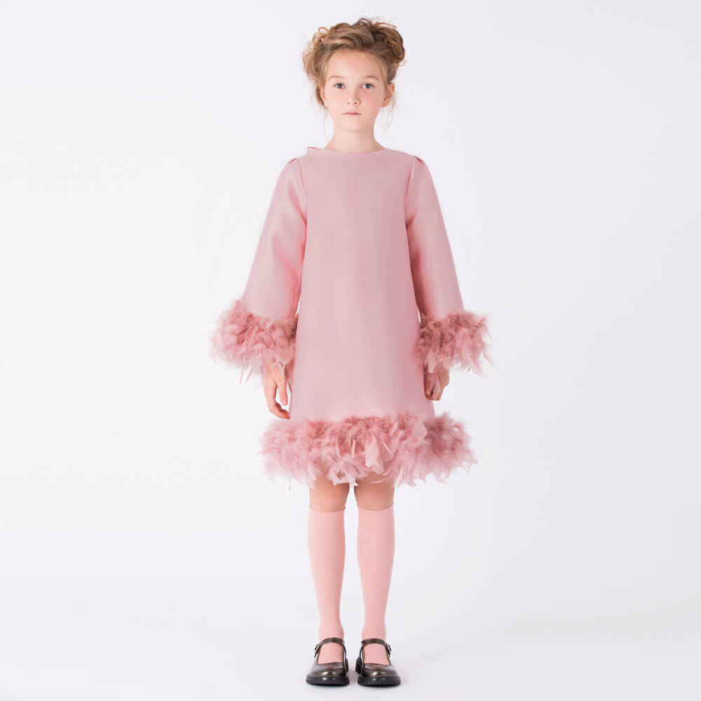 Mama Luma-Girls Pink Satin Twill Dress with Feather Trim | Childrensalon Outlet