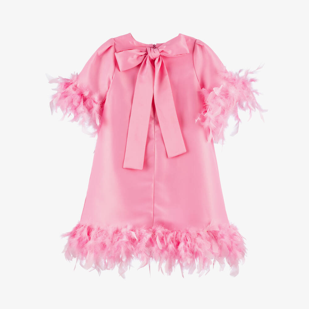 Mama Luma-Girls Pink Satin Twill Dress with Feather Trim | Childrensalon Outlet