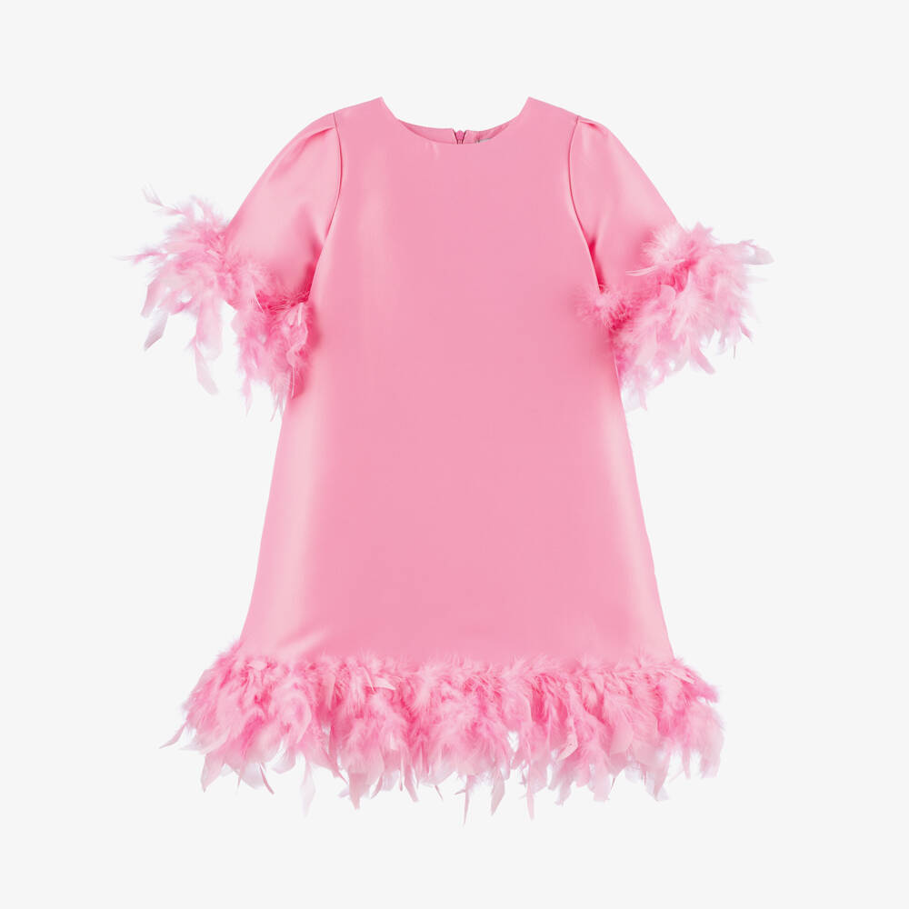 Mama Luma-Girls Pink Satin Twill Dress with Feather Trim | Childrensalon Outlet