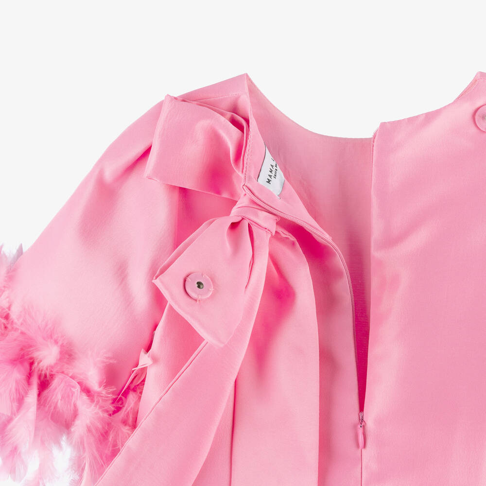 Mama Luma-Girls Pink Satin Twill Dress with Feather Trim | Childrensalon Outlet
