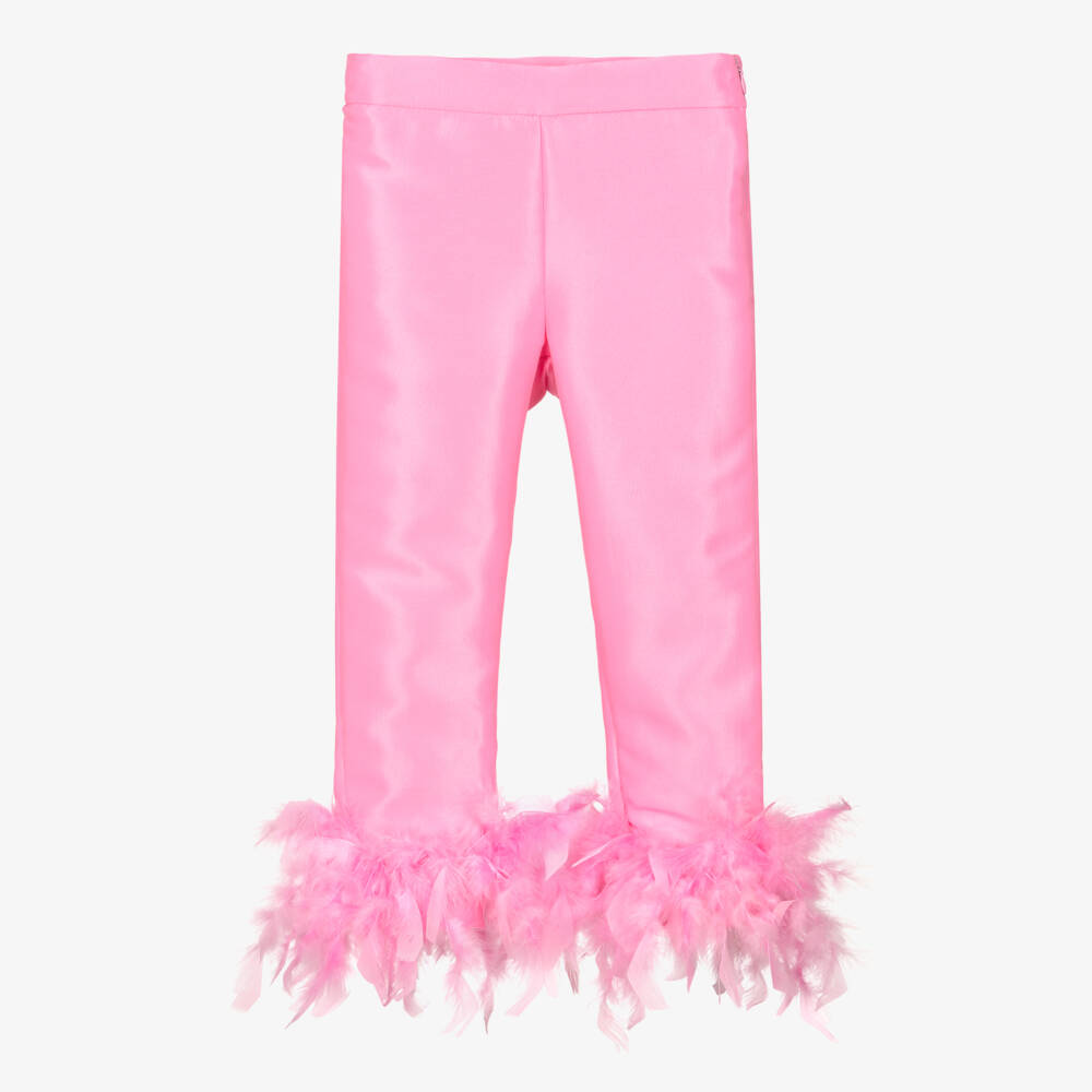 Mama Luma-Girls Pink Satin Twill Feather Trim Trousers | Childrensalon Outlet