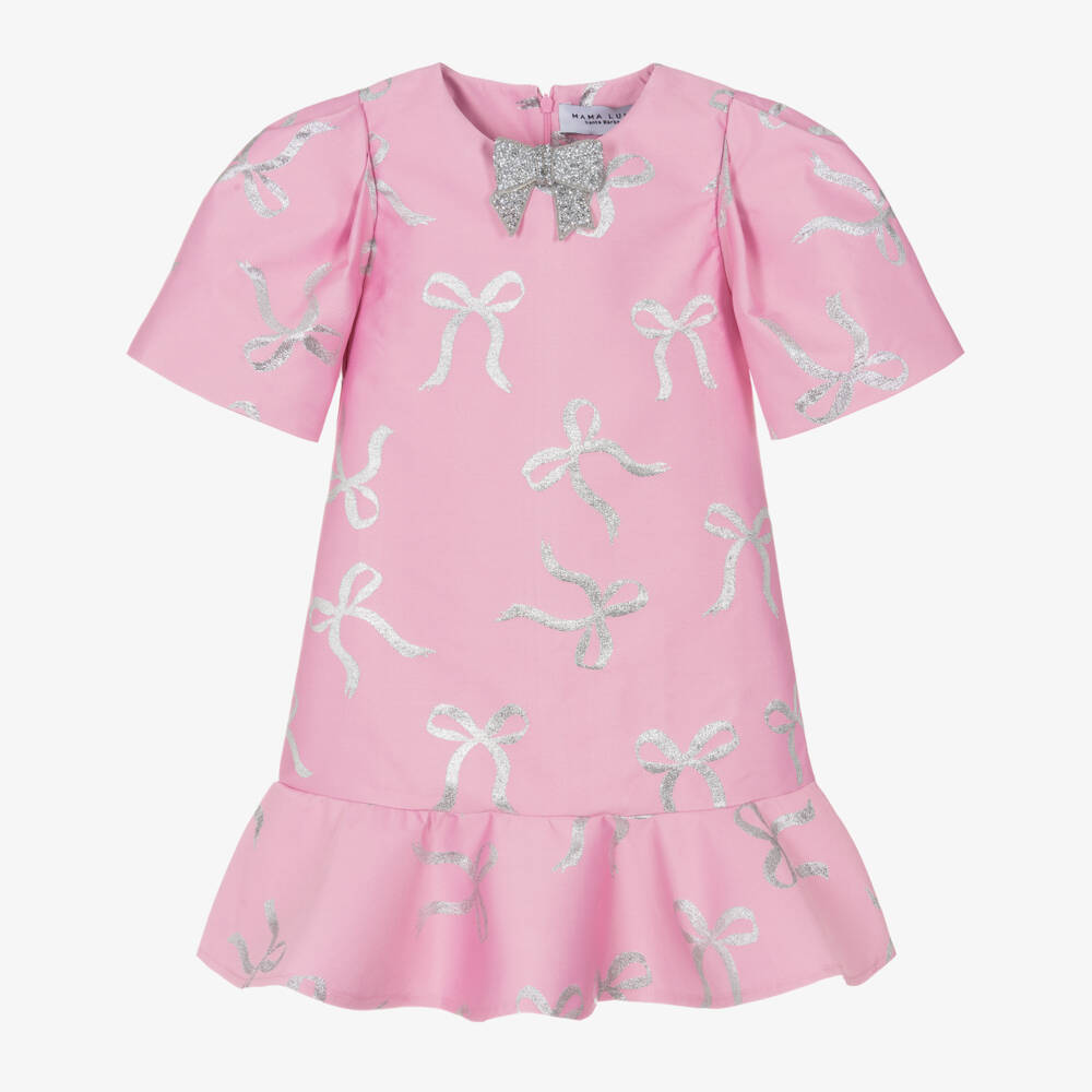 Mama Luma-Girls Pink & Silver Bow Occasion Dress with Detachable Brooch | Childrensalon Outlet