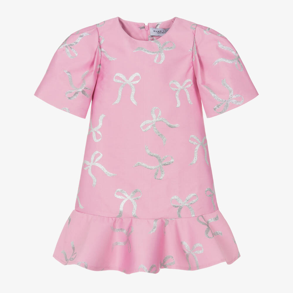 Mama Luma-Girls Pink & Silver Bow Occasion Dress with Detachable Brooch | Childrensalon Outlet