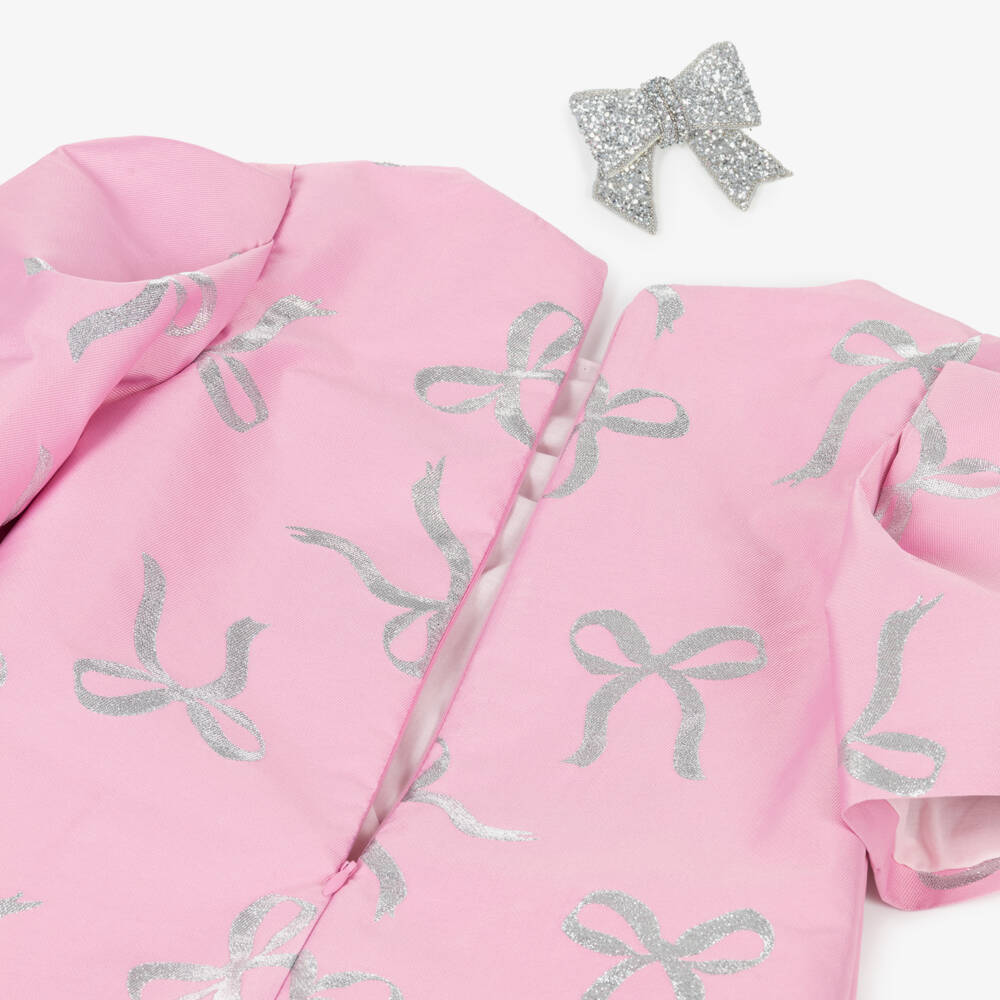 Mama Luma-Girls Pink & Silver Bow Occasion Dress with Detachable Brooch | Childrensalon Outlet