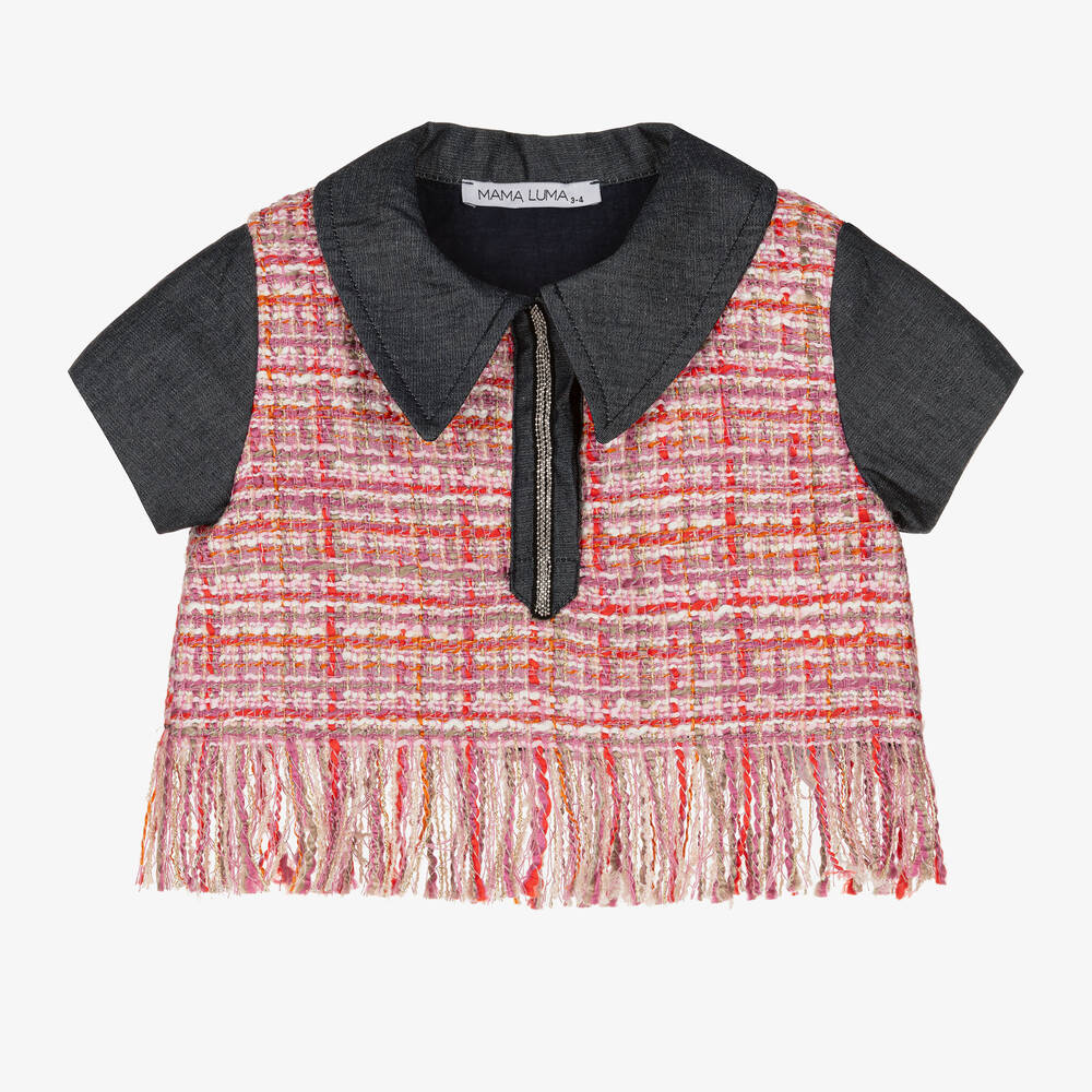 Mama Luma - Girls Pink Tweed Cropped Blouse  | Childrensalon