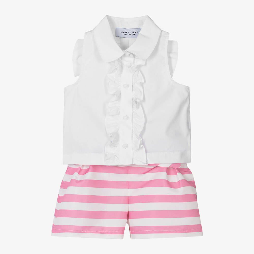 Mama Luma-Girls Pink & White Striped Shorts Set | Childrensalon Outlet