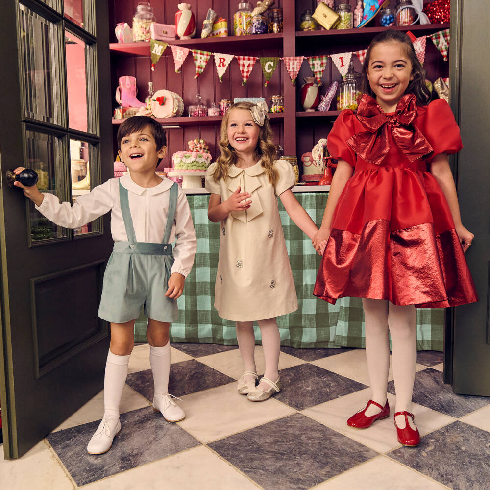 Mama Luma-Girls Red Pleated Twill Dress with Metallic Bow | Childrensalon Outlet