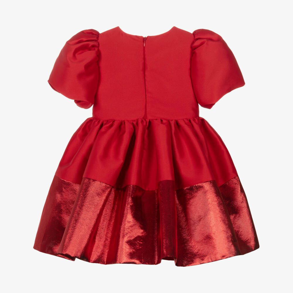 Mama Luma-Girls Red Pleated Twill Dress with Metallic Bow | Childrensalon Outlet