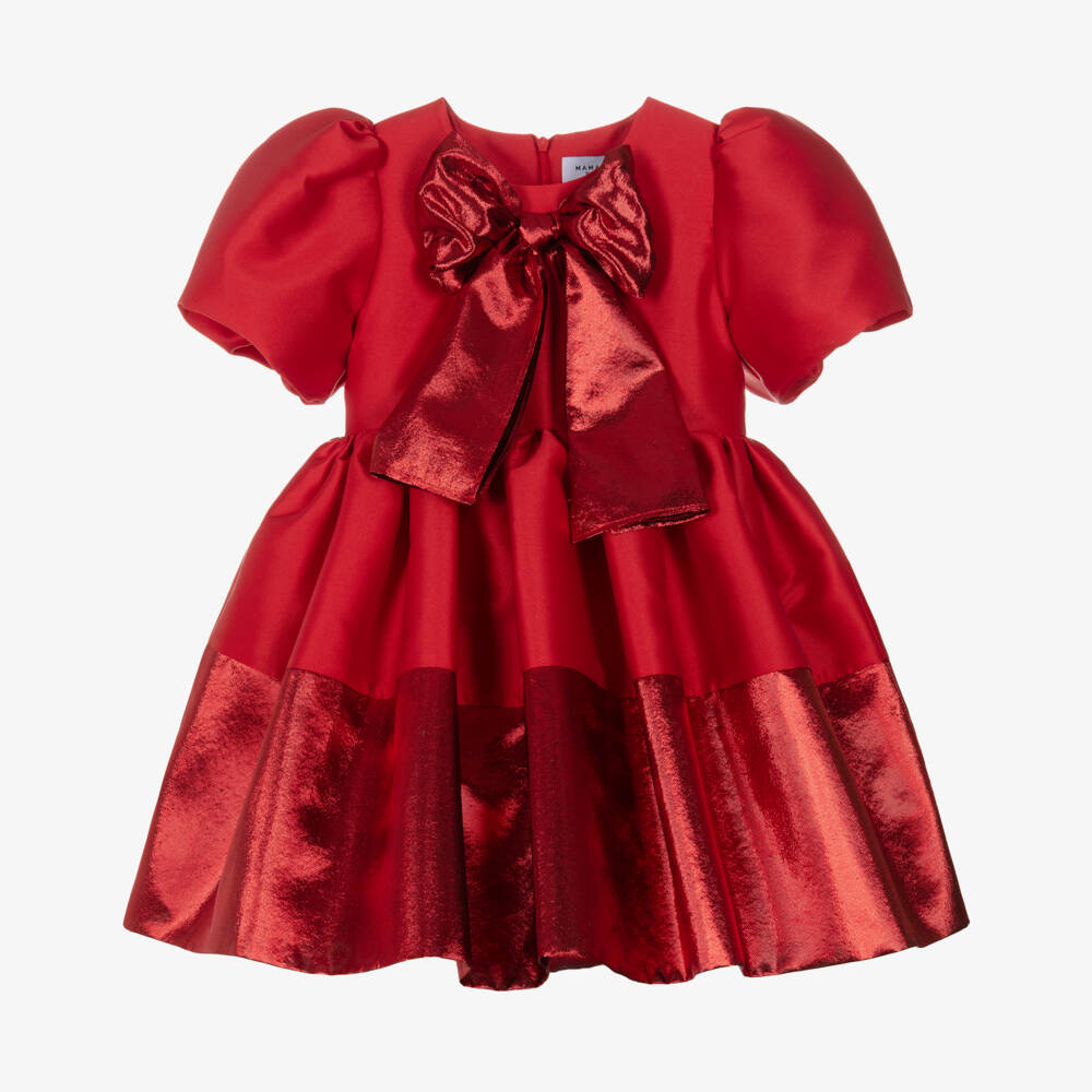 Mama Luma-Girls Red Pleated Twill Dress with Metallic Bow | Childrensalon Outlet