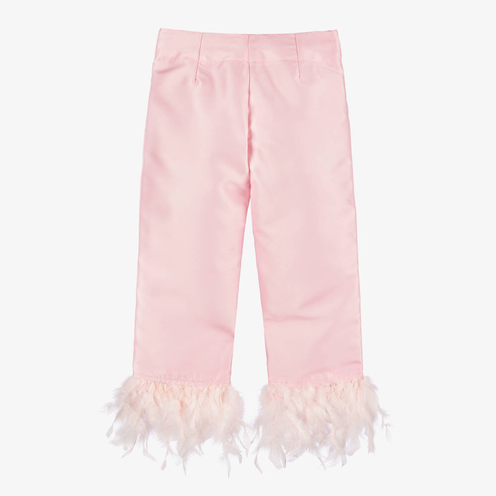 Mama Luma-Girls Satin Feather-Trim Pink Trousers | Childrensalon Outlet