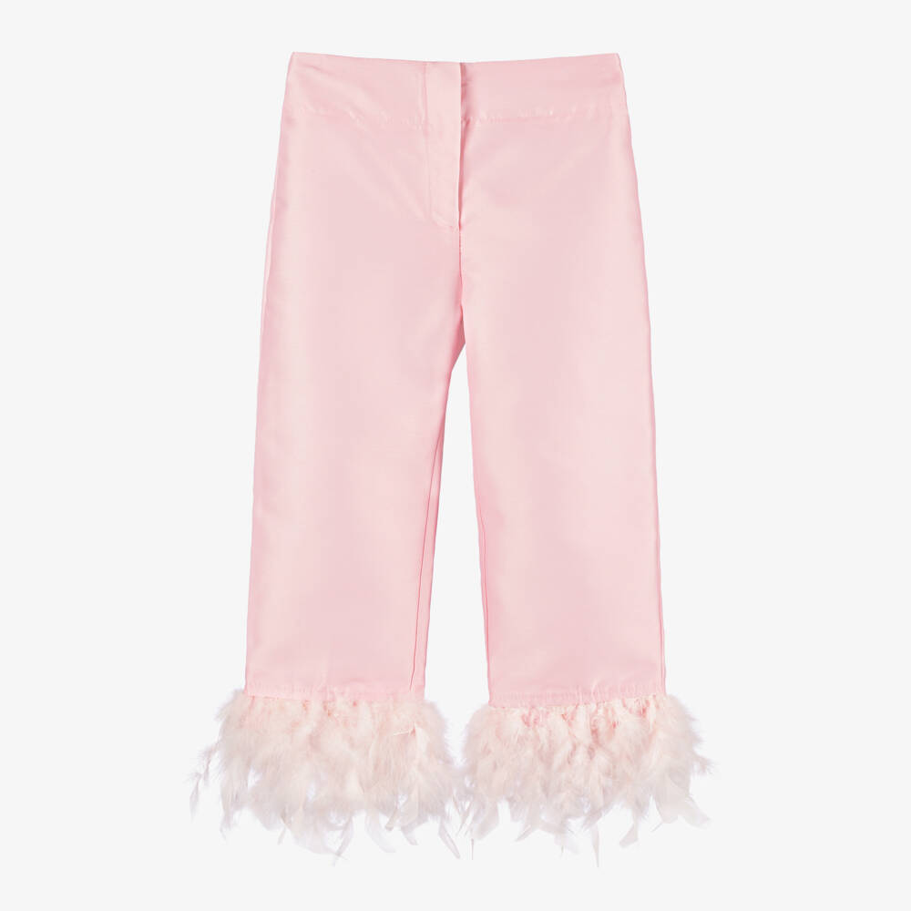 Mama Luma-Girls Satin Feather-Trim Pink Trousers | Childrensalon Outlet