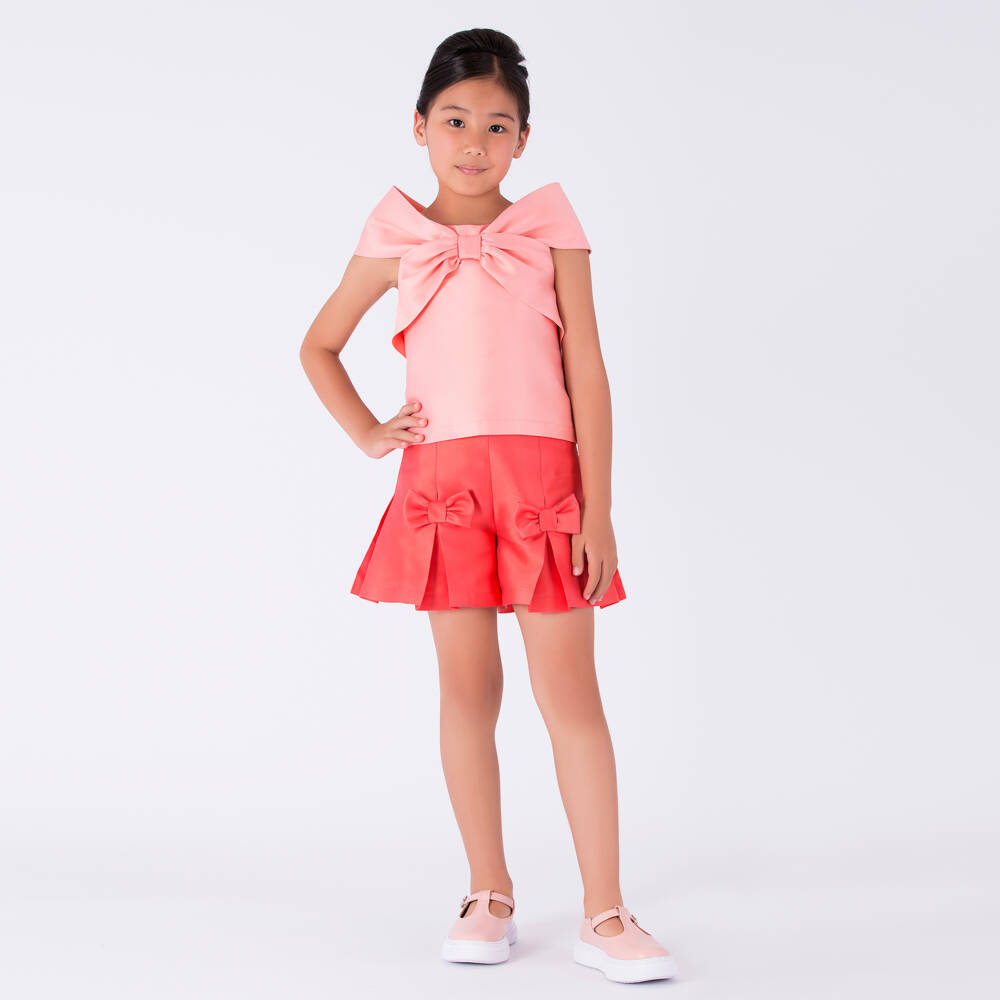 Mama Luma-بلوزة حريرية للبنات بلون المرجان مع فيونكة | Childrensalon Outlet