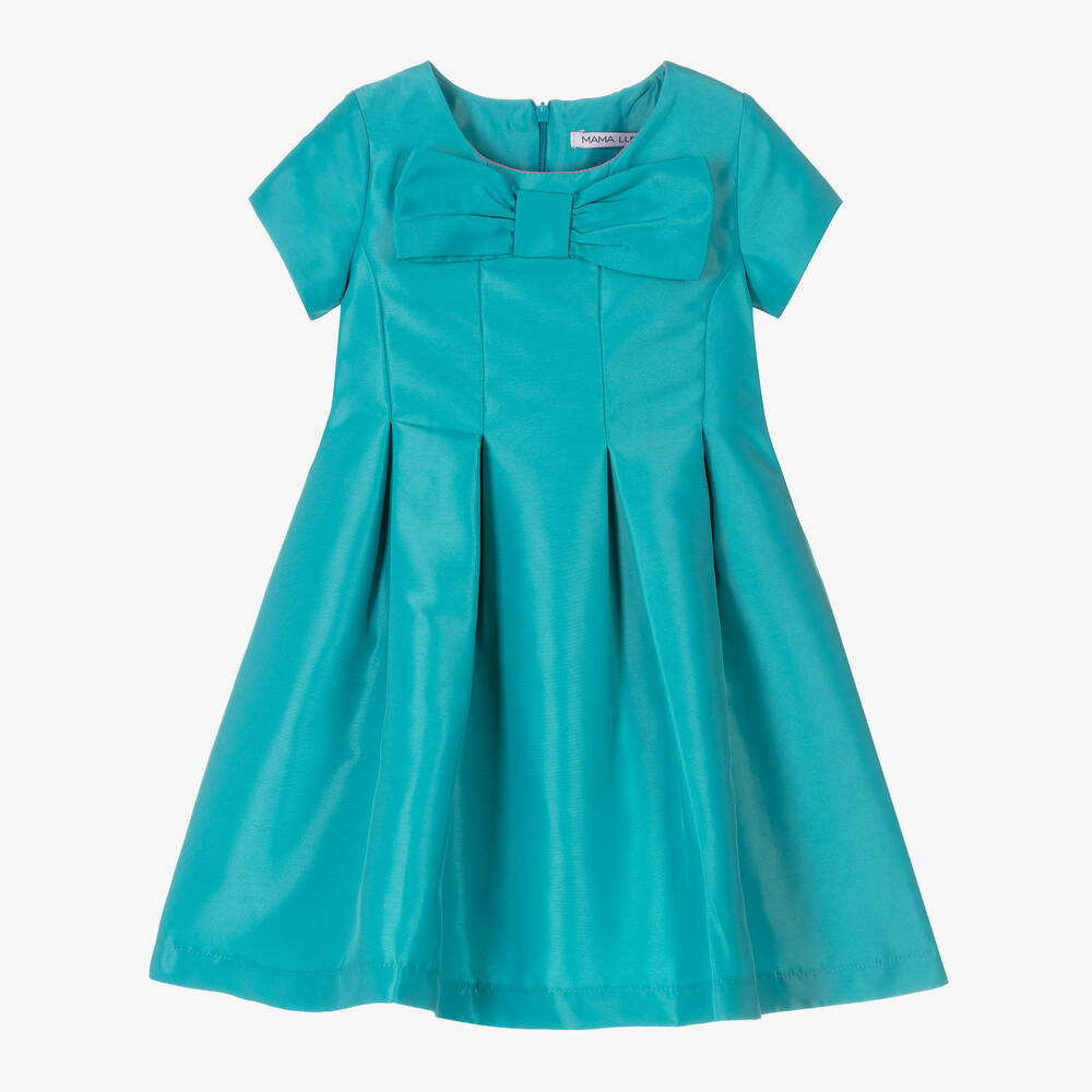 Mama Luma - Girls Turquoise Blue Satin Bow Dress | Childrensalon
