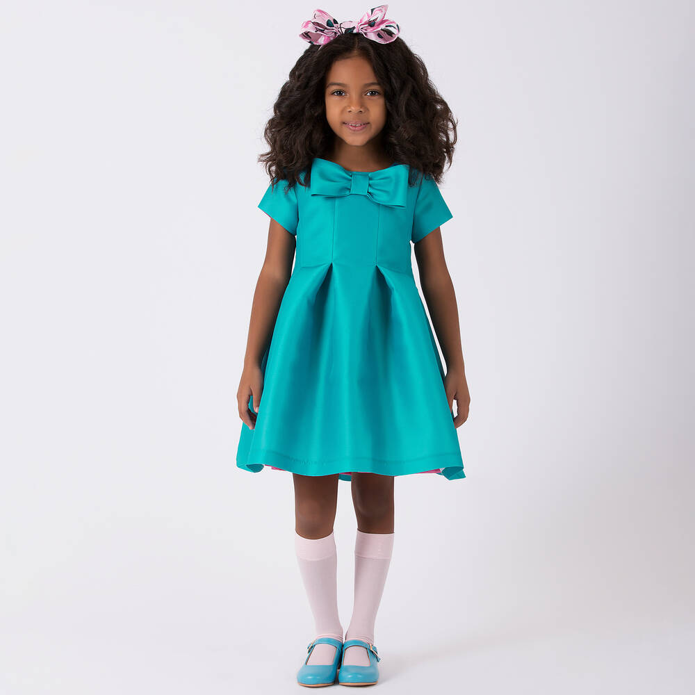 Mama Luma-Бирюзовое атласное платье с бантом | Childrensalon Outlet