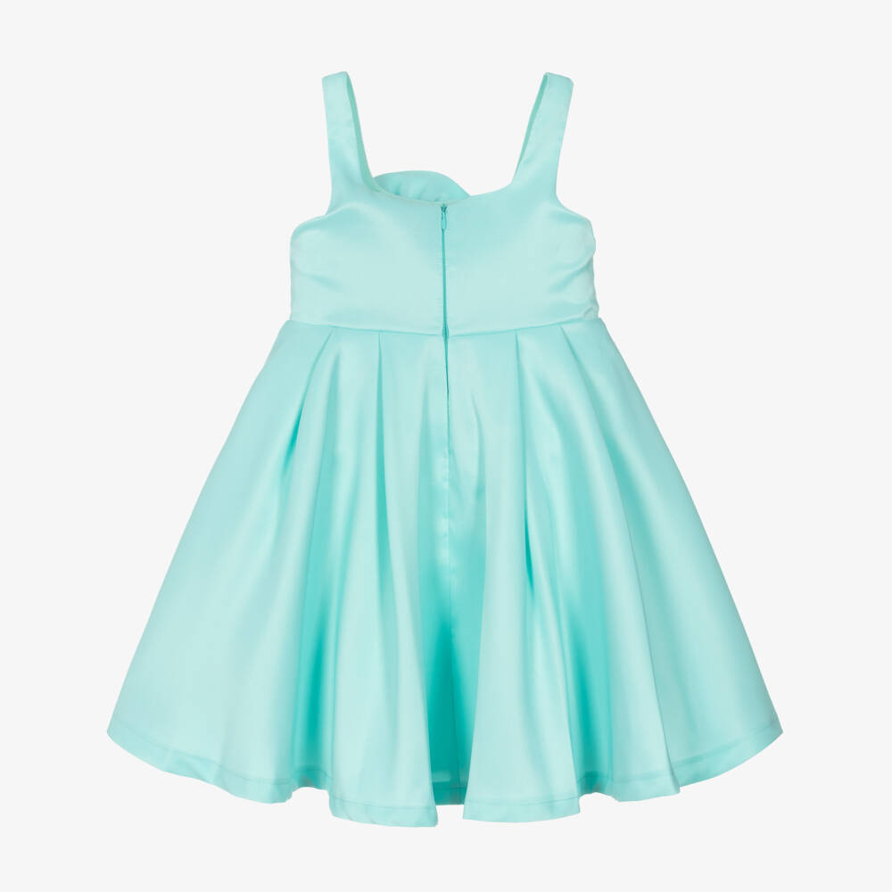 Mama Luma-Girls Turquoise Blue Satin Dress with Oversized Floral Appliqué | Childrensalon Outlet