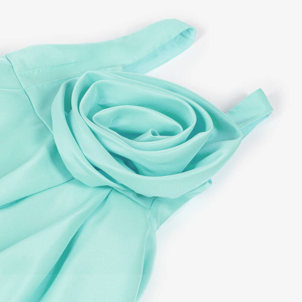 Mama Luma-Girls Turquoise Blue Satin Dress with Oversized Floral Appliqué | Childrensalon Outlet