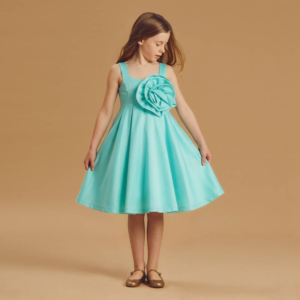 Mama Luma-Girls Turquoise Blue Satin Dress with Oversized Floral Appliqué | Childrensalon Outlet