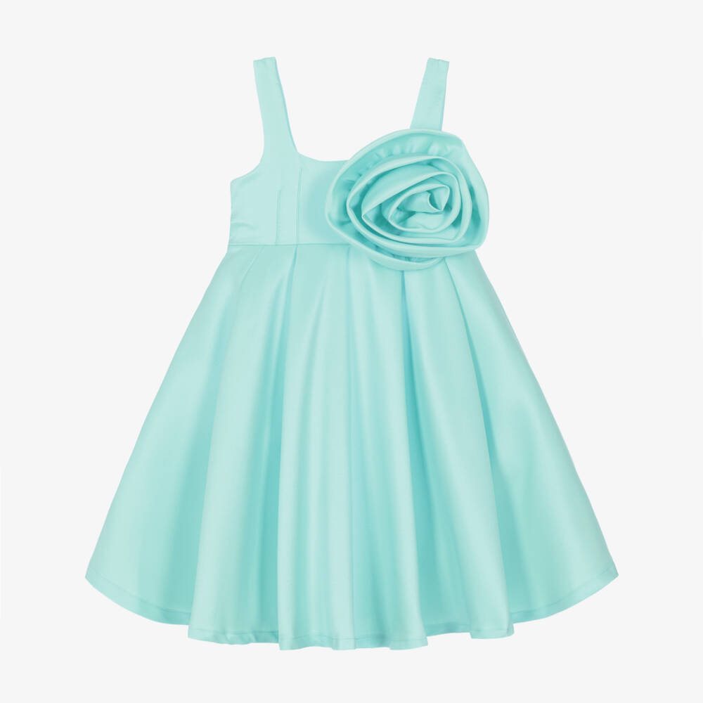 Mama Luma-Girls Turquoise Blue Satin Dress with Oversized Floral Appliqué | Childrensalon Outlet