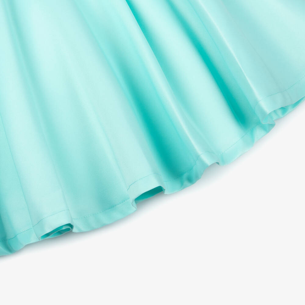 Mama Luma-Girls Turquoise Blue Satin Dress with Oversized Floral Appliqué | Childrensalon Outlet