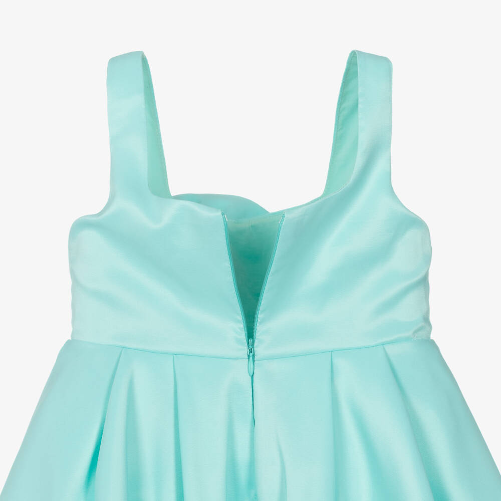 Mama Luma-Girls Turquoise Blue Satin Dress with Oversized Floral Appliqué | Childrensalon Outlet