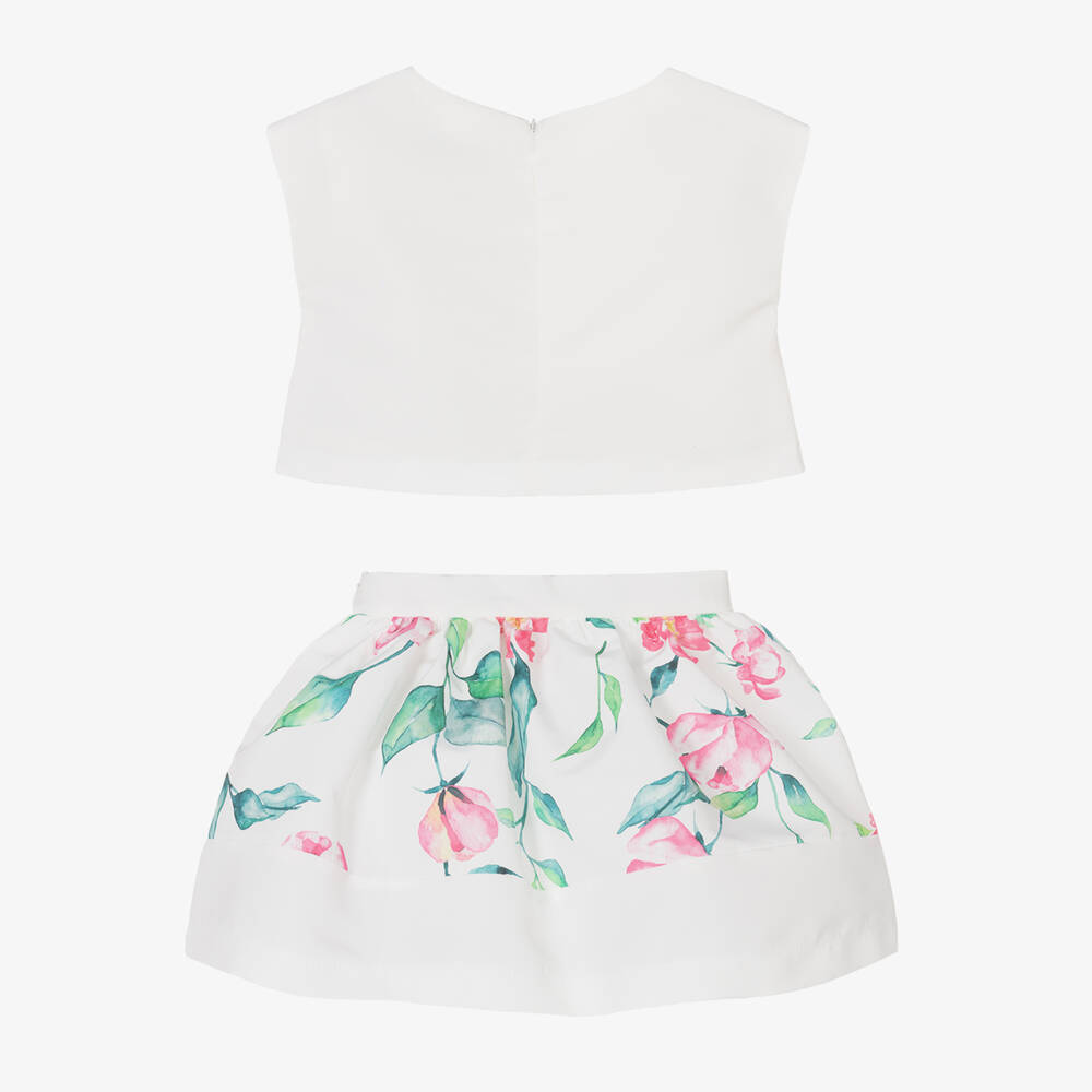 Mama Luma-Girls White Floral Satin Skirt Set | Childrensalon Outlet