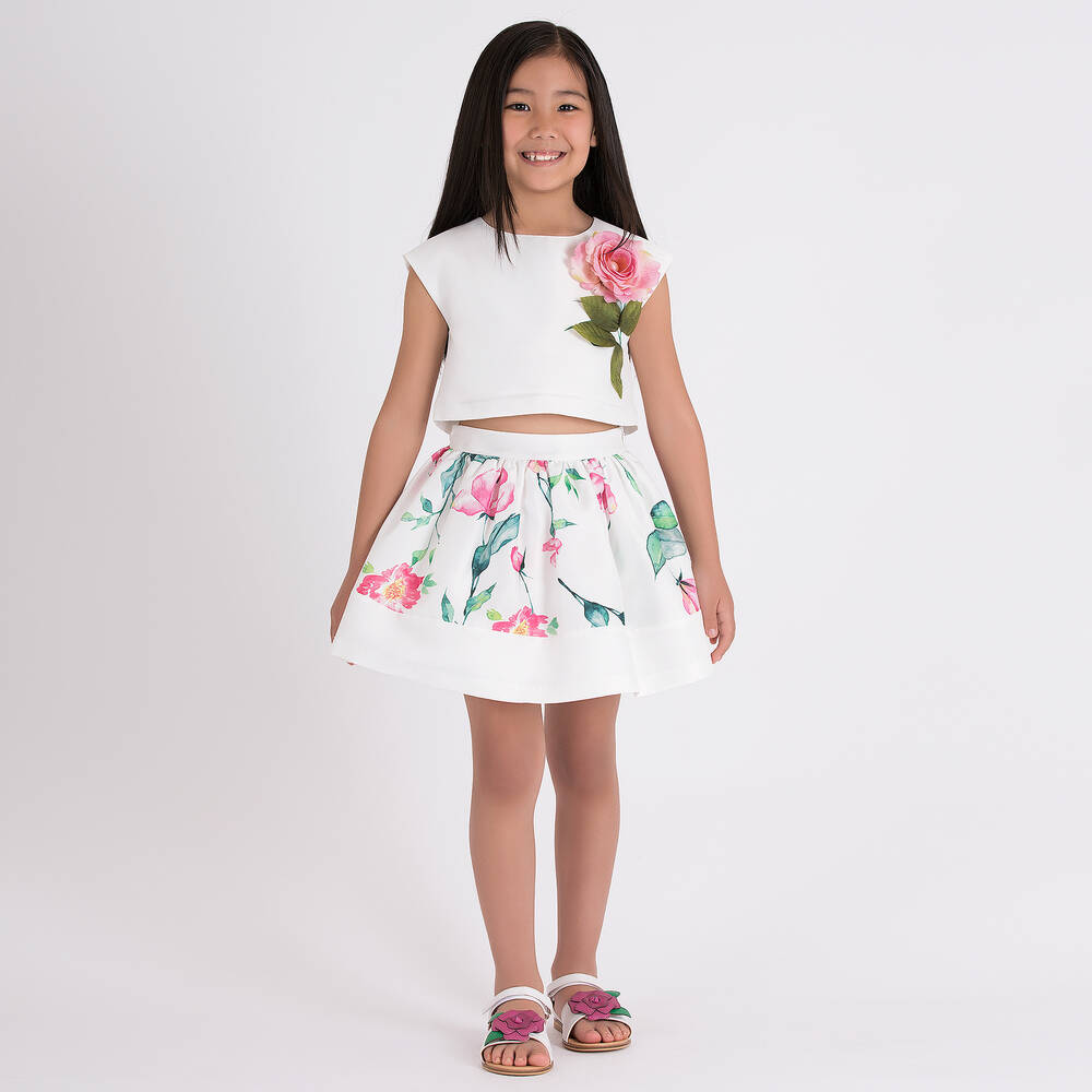 Mama Luma-Girls White Floral Satin Skirt Set | Childrensalon Outlet