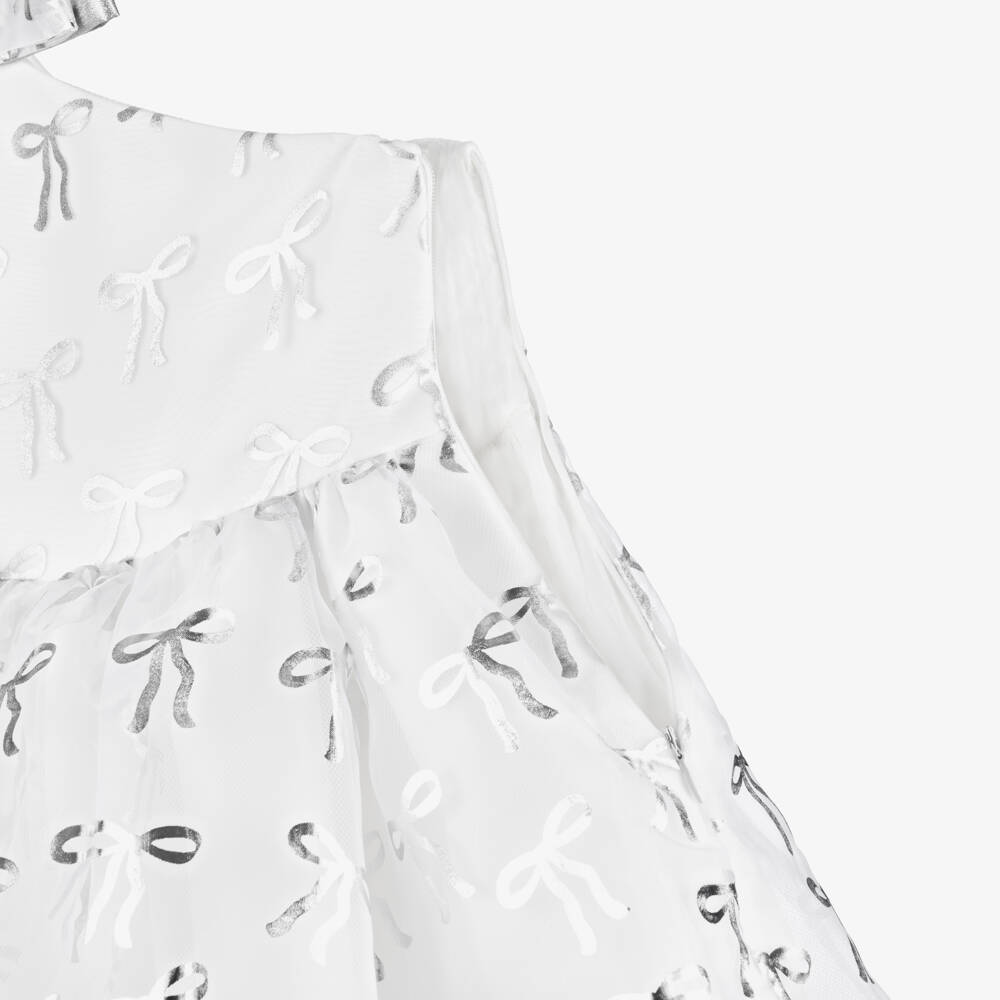 Mama Luma-Girls White Organza & Satin Dress with Metallic Silver Bows | Childrensalon Outlet