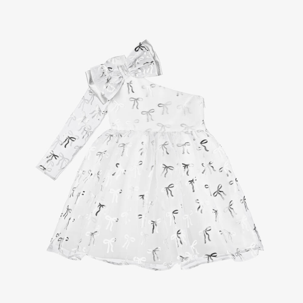 Mama Luma-Girls White Organza & Satin Dress with Metallic Silver Bows | Childrensalon Outlet