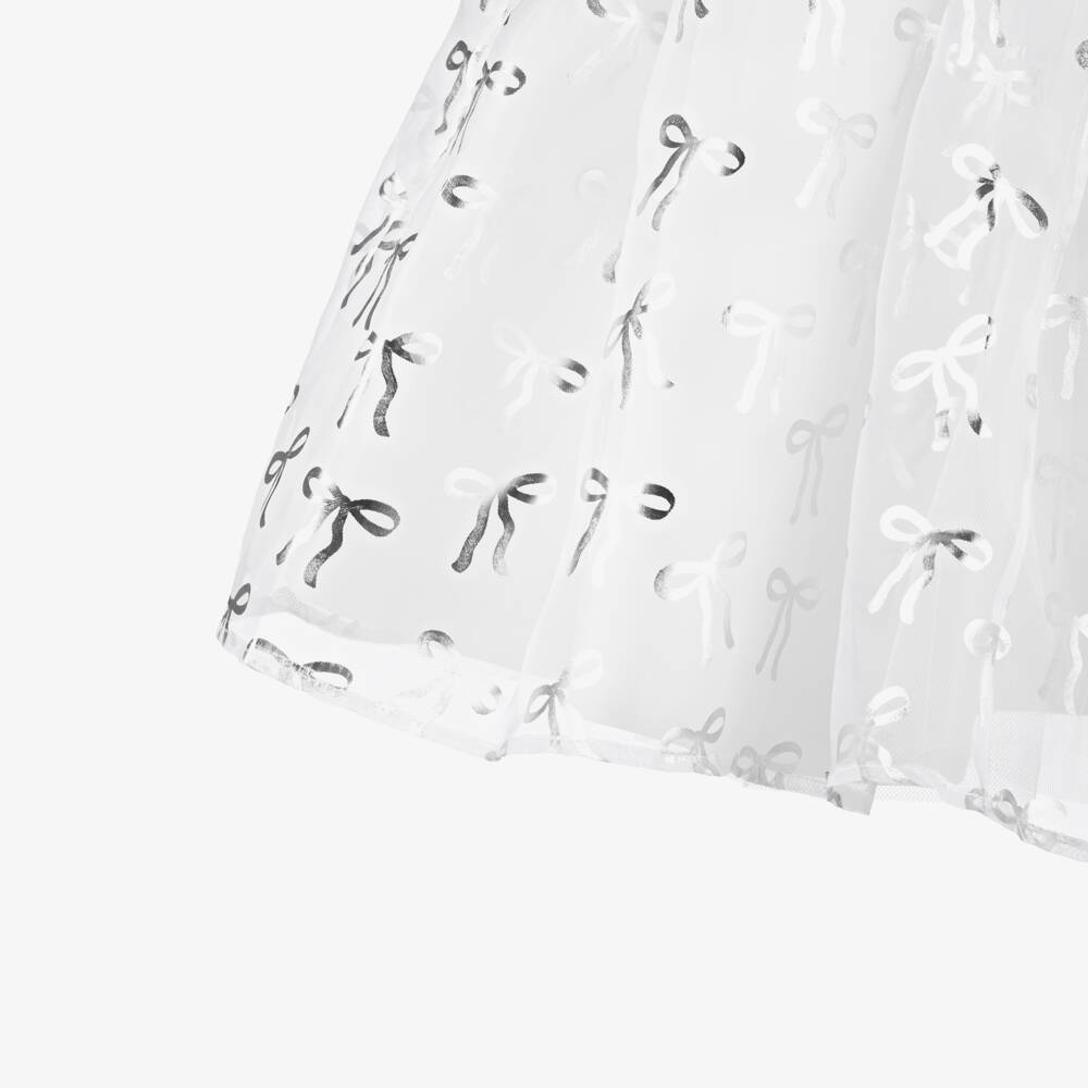 Mama Luma-Girls White Organza & Satin Dress with Metallic Silver Bows | Childrensalon Outlet