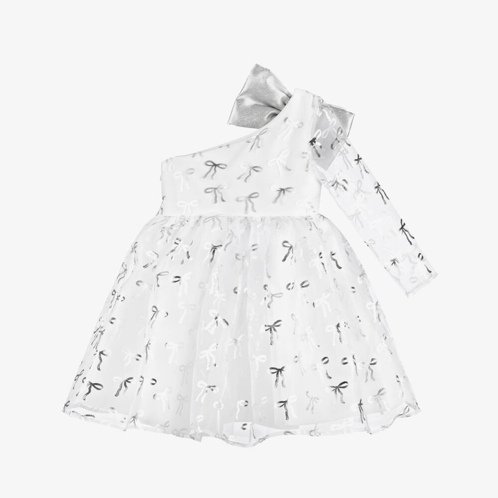 Mama Luma-Girls White Organza & Satin Dress with Metallic Silver Bows | Childrensalon Outlet