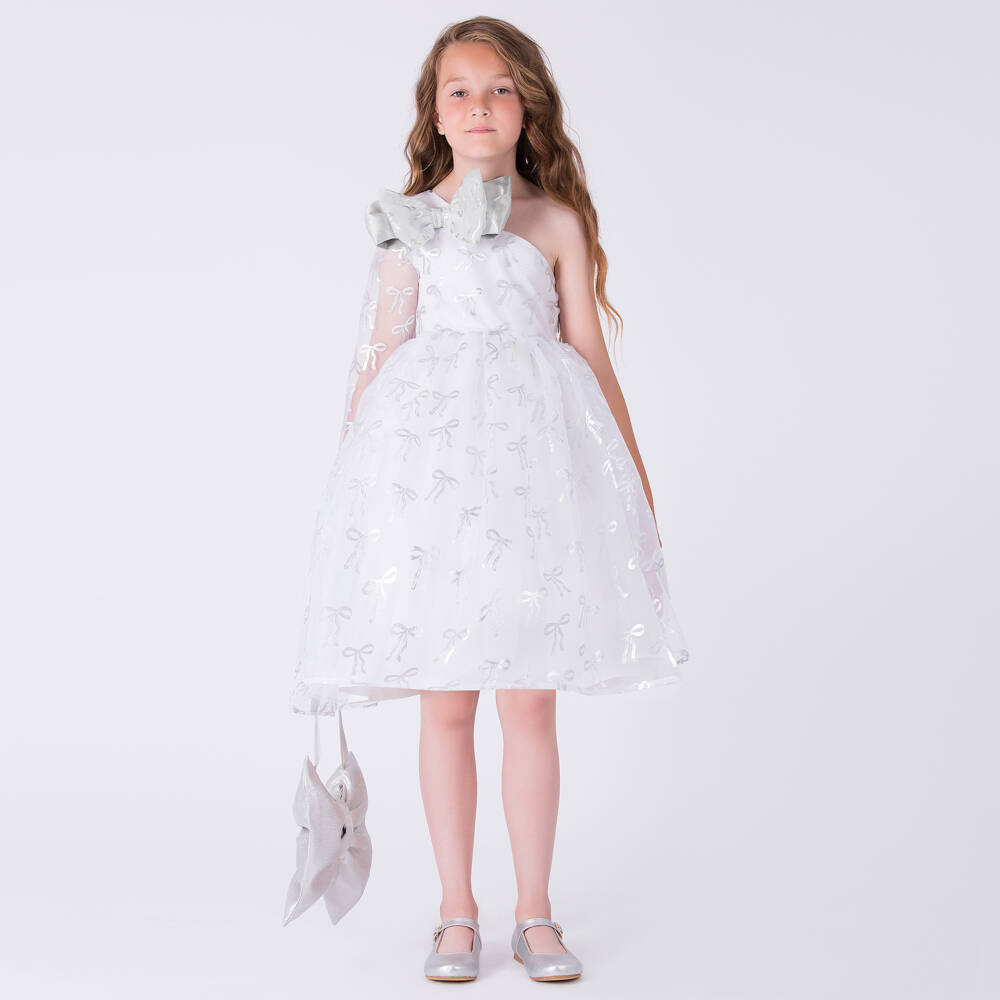 Mama Luma-Girls White Organza & Satin Dress with Metallic Silver Bows | Childrensalon Outlet