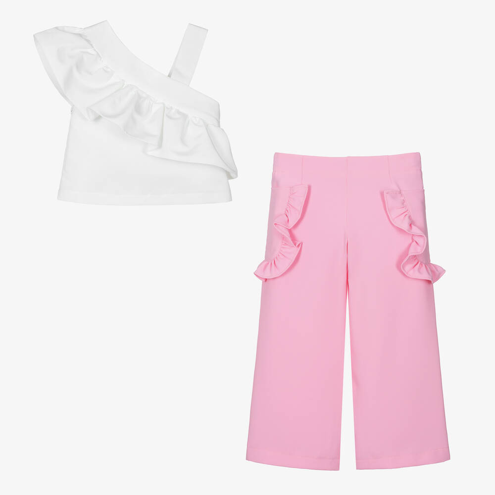 Mama Luma-طقم بنطلون تافتا لون زهري وأبيض مزين بكشكش | Childrensalon Outlet