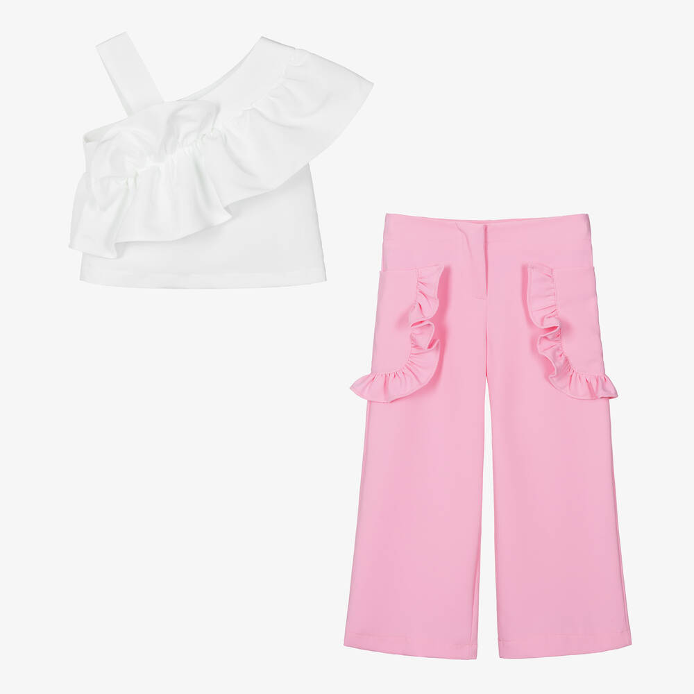 Mama Luma-طقم بنطلون تافتا لون زهري وأبيض مزين بكشكش | Childrensalon Outlet