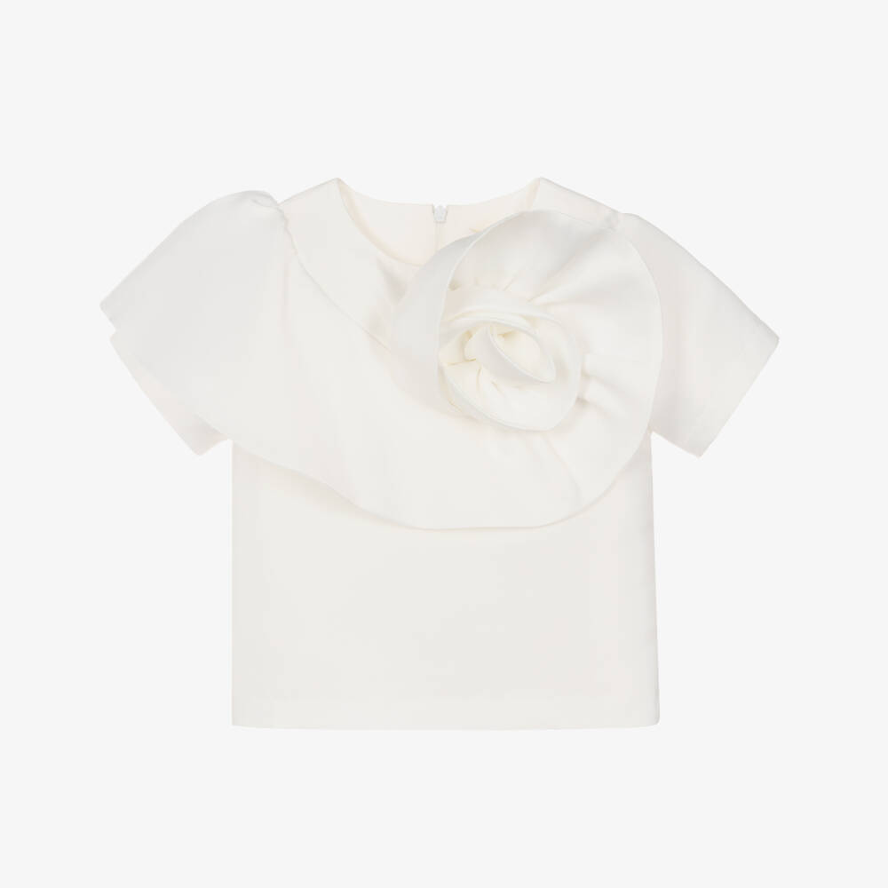 Mama Luma-Girls White Satin Blouse with Rose Ruffle | Childrensalon Outlet