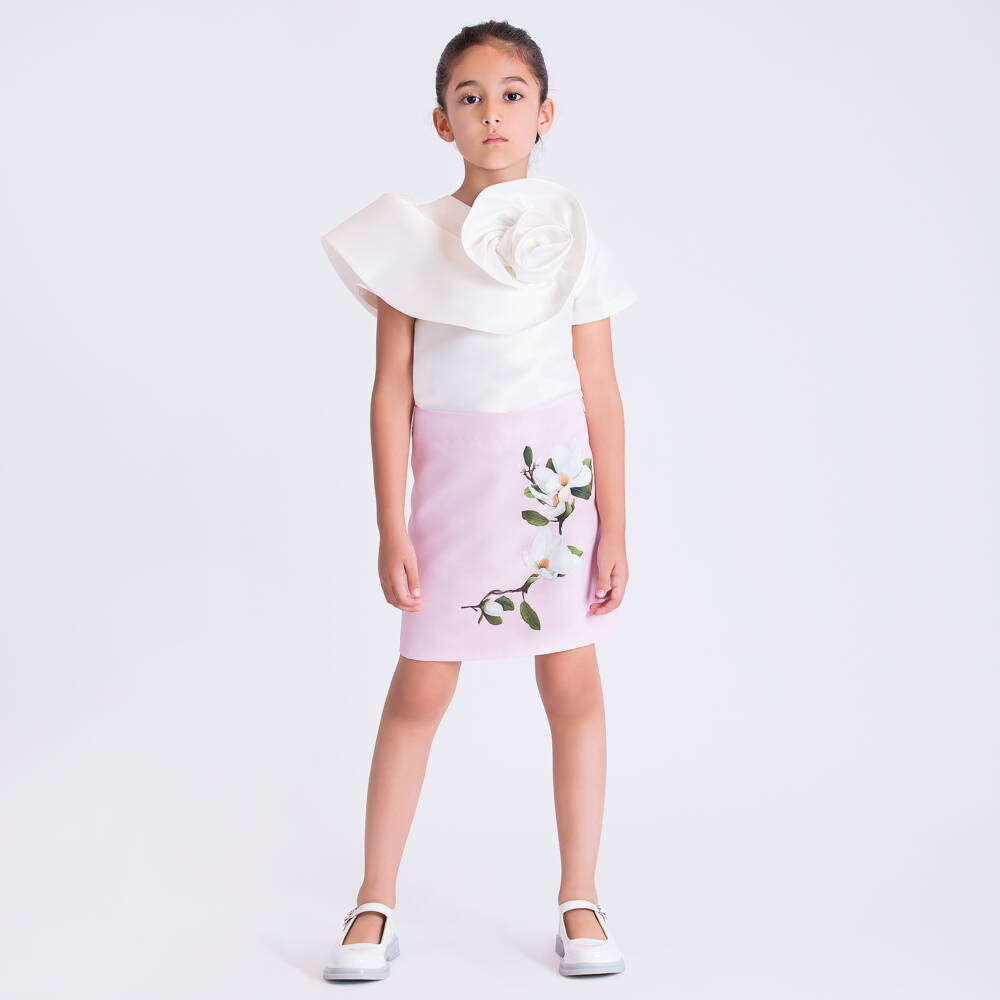 Mama Luma-Girls White Satin Blouse with Rose Ruffle | Childrensalon Outlet